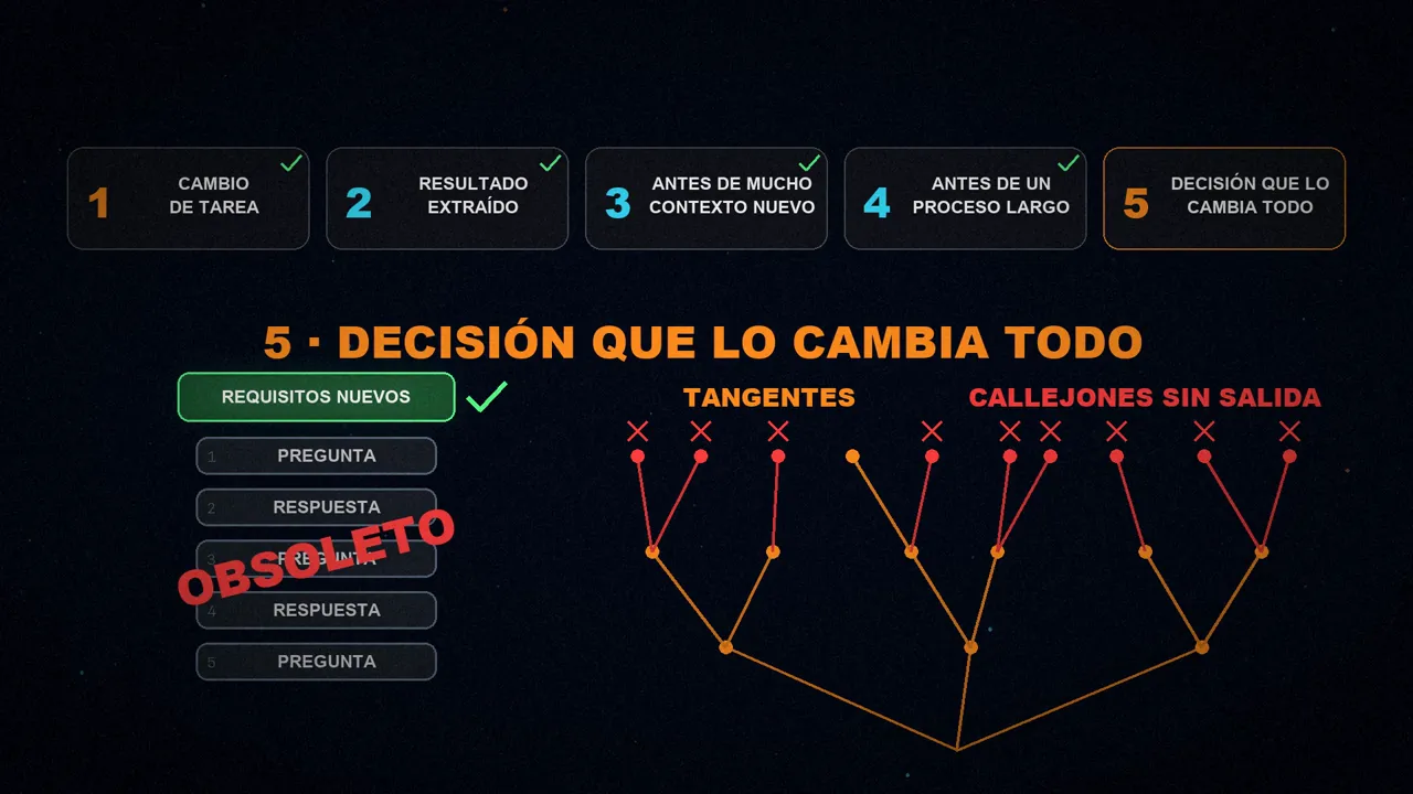 Las cinco situaciones en fila y, debajo, la quinta: requisitos nuevos que dejan obsoleta la conversación y tangentes y callejones sin salida.