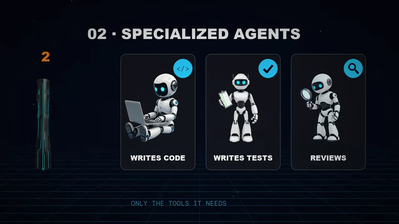 Three robots: one writes code, another writes tests and another reviews.