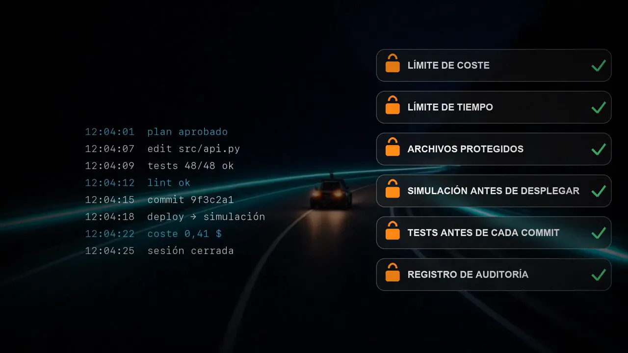 Una lista de barreras marcadas: límite de coste, límite de tiempo, archivos protegidos, simulación antes de desplegar, tests antes de cada commit y registro de auditoría, junto al log de una sesión.