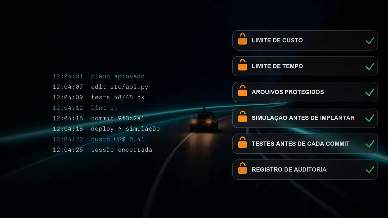 Uma lista de barreiras marcadas: limite de custo, limite de tempo, arquivos protegidos, simulação antes de implantar, testes antes de cada commit e registro de auditoria, ao lado do log de uma sessão.