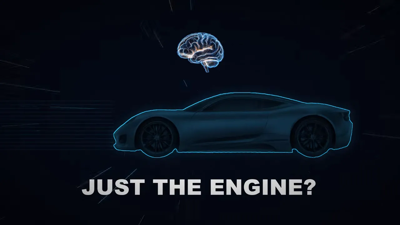The outline of a car with a brain floating above it and the question «Just the engine?».