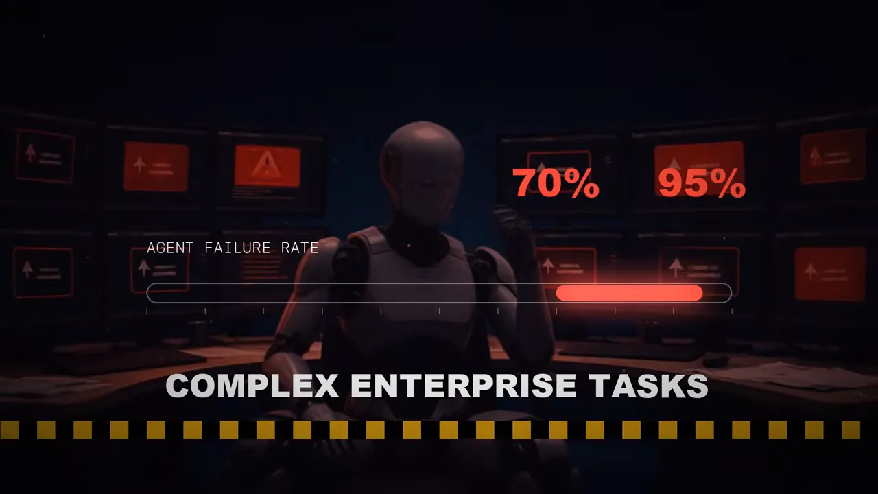 A robot facing error screens with failure rates of 70% and 95% on complex enterprise tasks.