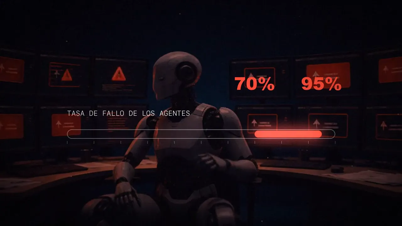 Un robot ante pantallas de error con las tasas de fallo del 70 % y el 95 %.