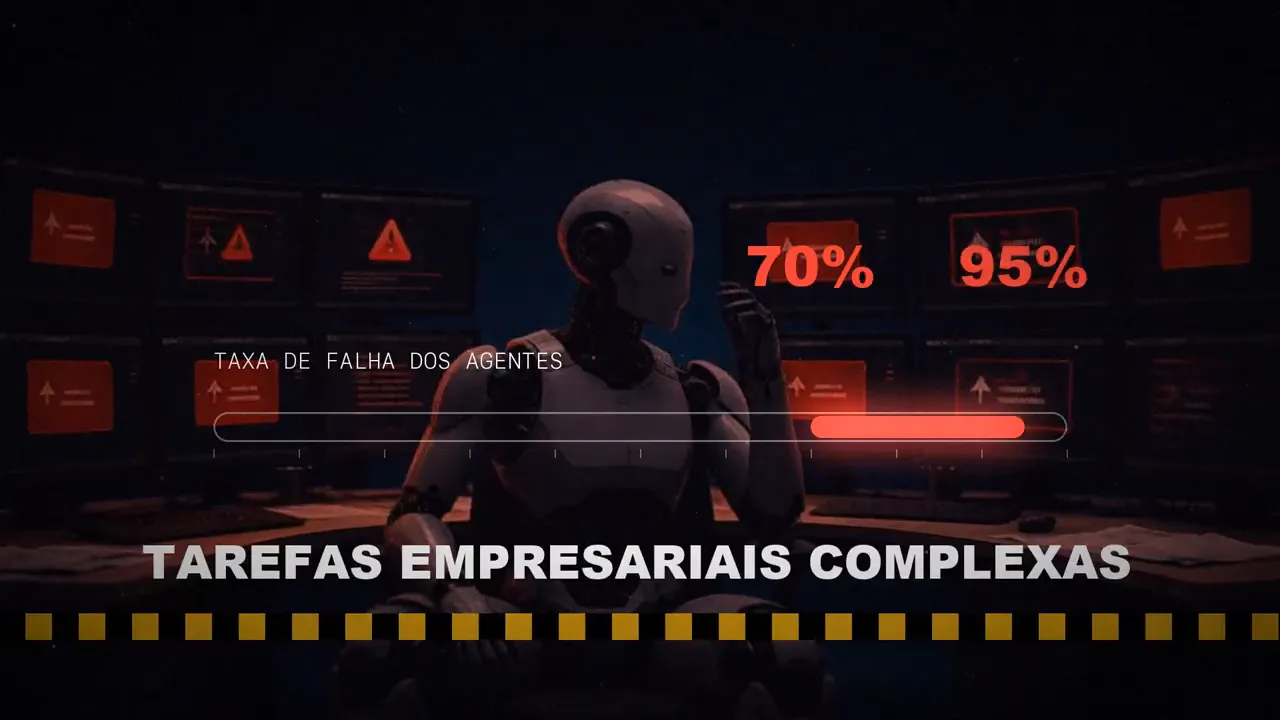 Um robô diante de telas de erro com taxas de falha de 70% e 95% em tarefas empresariais complexas.