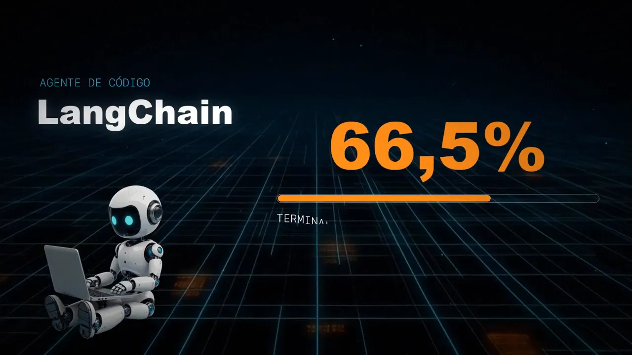 Un robot programando junto al 66,5 % que alcanzó LangChain en Terminal Bench 2.0.
