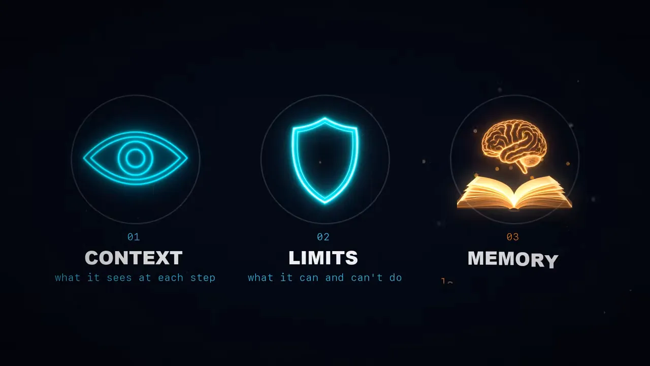 Three icons: an eye for context, a shield for limits and a book with a brain for memory.