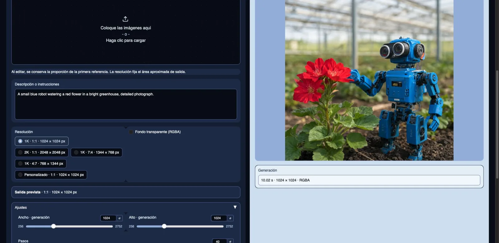 Resultado real en Normal: un robot azul regando una flor roja, generado con la base BF16 en el Space.