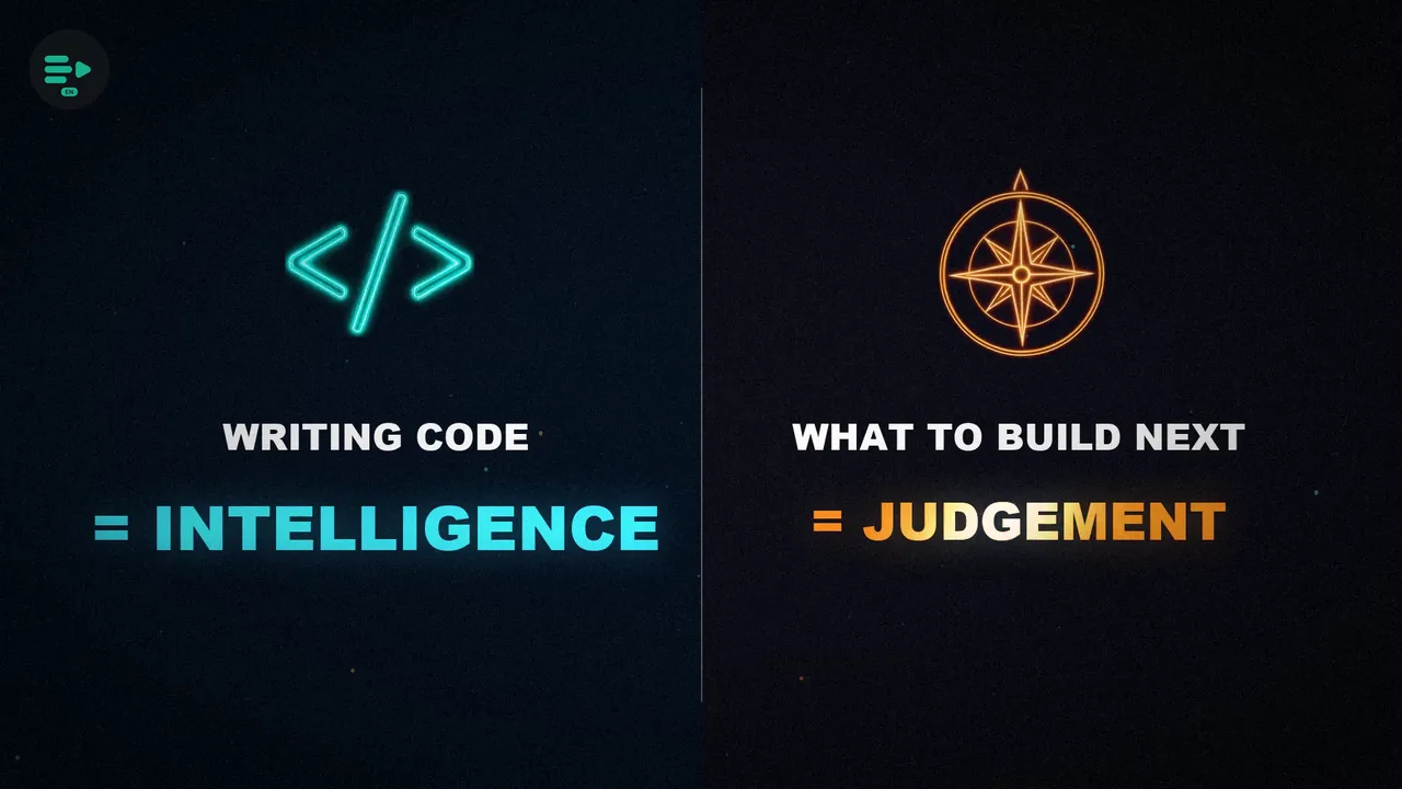 Split screen: writing code equals intelligence, in cyan, and what to build next equals judgement, in orange.