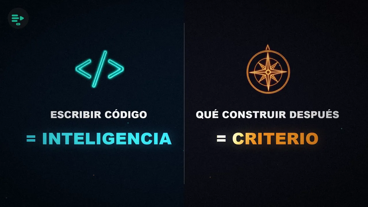 Pantalla partida: escribir código igual a inteligencia, en cian, y qué construir después igual a criterio, en naranja.