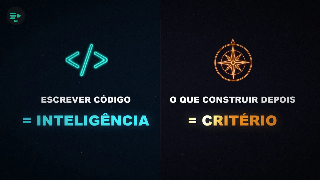 Tela dividida: escrever código igual a inteligência, em ciano, e o que construir depois igual a critério, em laranja.