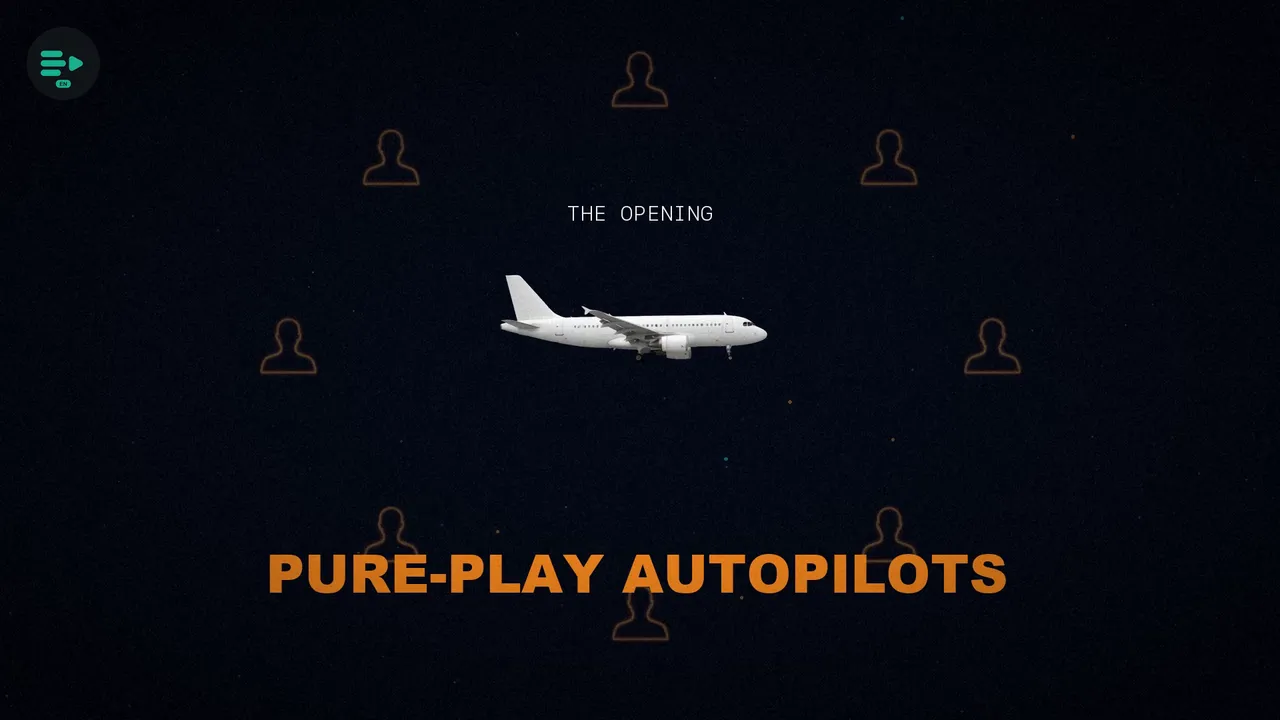 An airplane flies through the gap a copilot leaves when it splits from its customers, captioned 'Pure-play autopilots'.