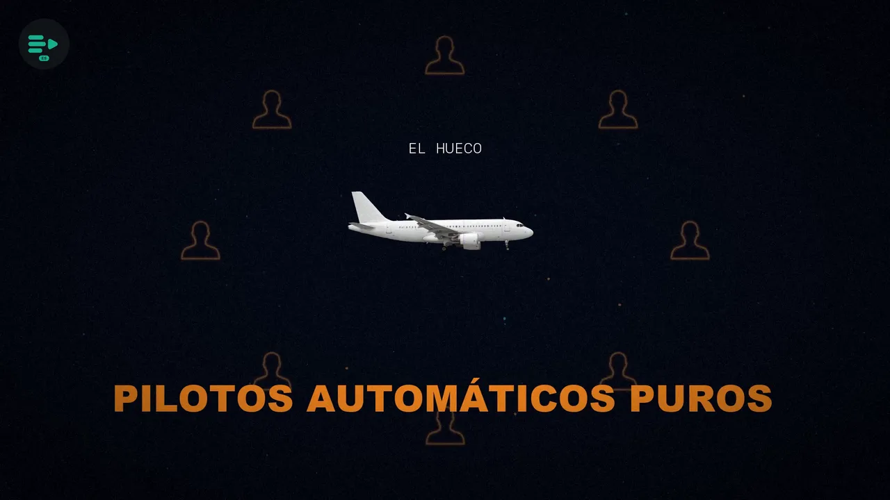 Un avión atraviesa el hueco que deja un copiloto al separarse de sus clientes, con el rótulo «Pilotos automáticos puros».