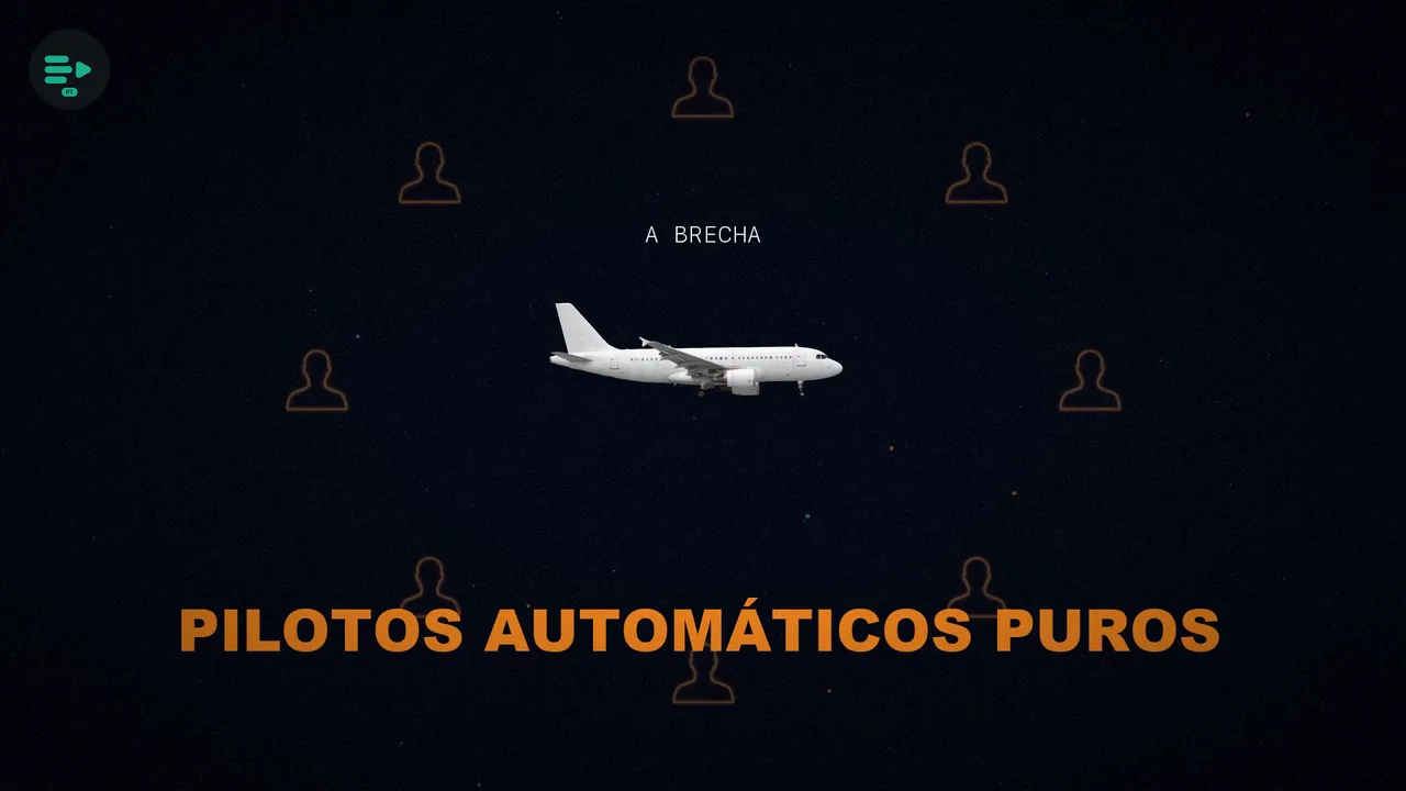Um avião atravessa a brecha que um copiloto deixa ao se separar dos clientes, com a legenda «Pilotos automáticos puros».